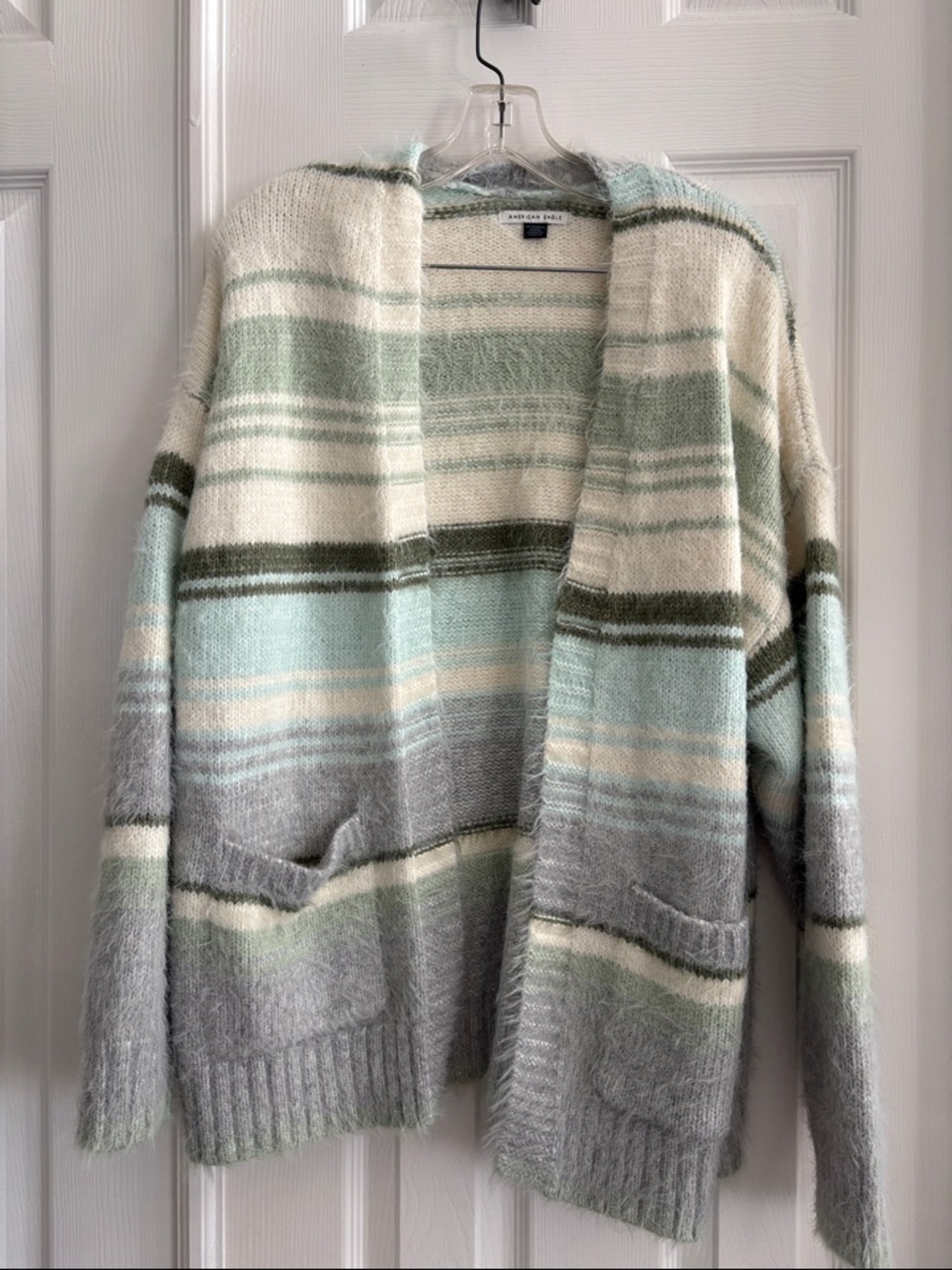 American Eagle Soft Fuzzy Open Cardigan Green White Grey Striped XS OVERSIZED